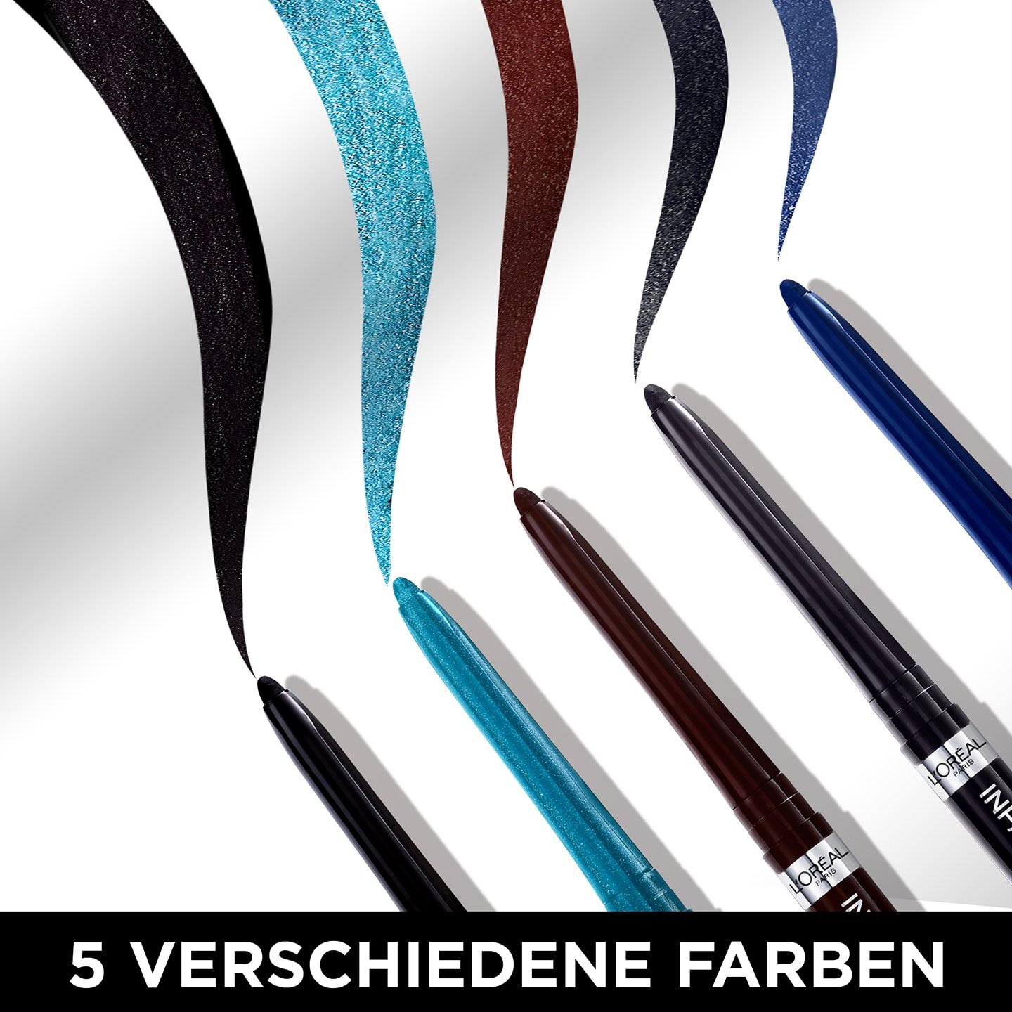 Infaillible Grip Gel Automatic Eyeliner - fünf verschiedene Farbproben auf einer weißen Fläche